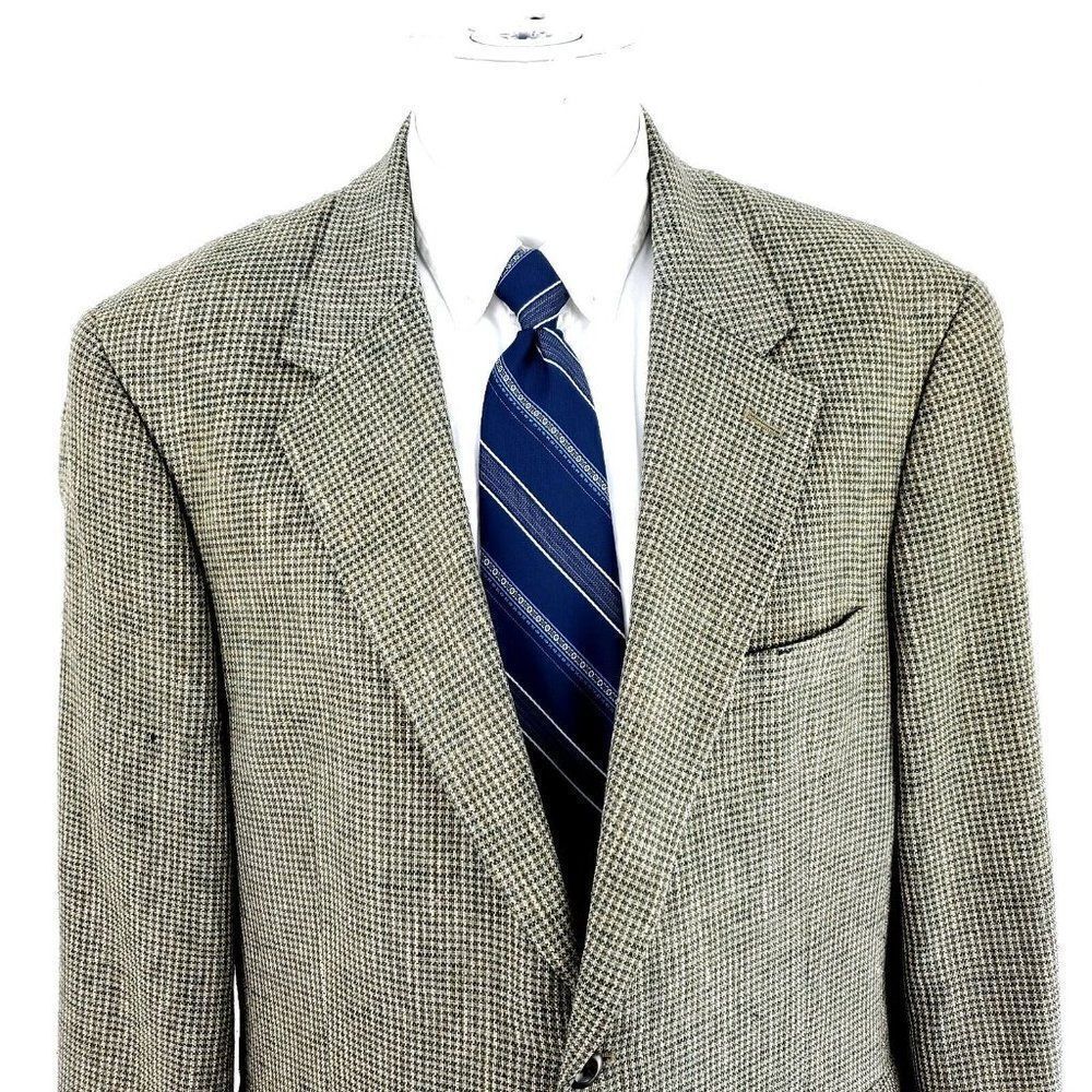 Savile Row 100% Silk Textured 2 Button‎ Sport Coat 40R Green Beige Star Check